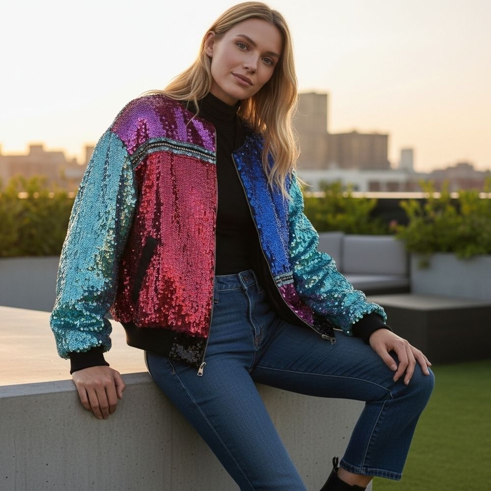 Vintage Dark Blue, Light Blue, Fuchsia, and Red Sequin Bomber Jacket | Circa 198